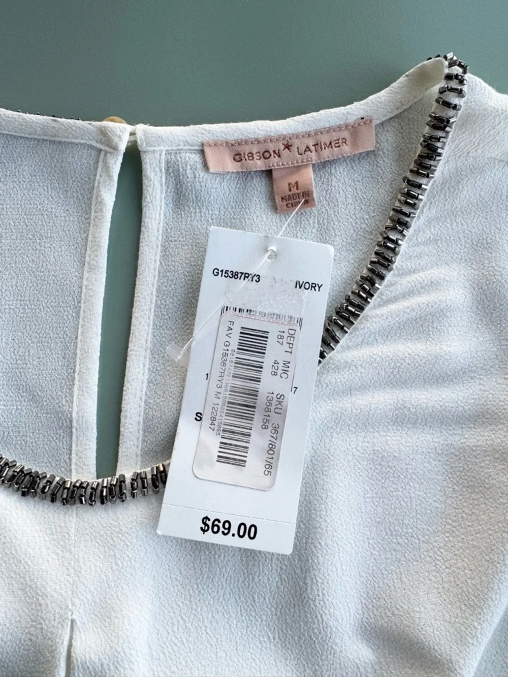 Gibson Latimer White Beaded Crewneck Long-Sleeve Blouse